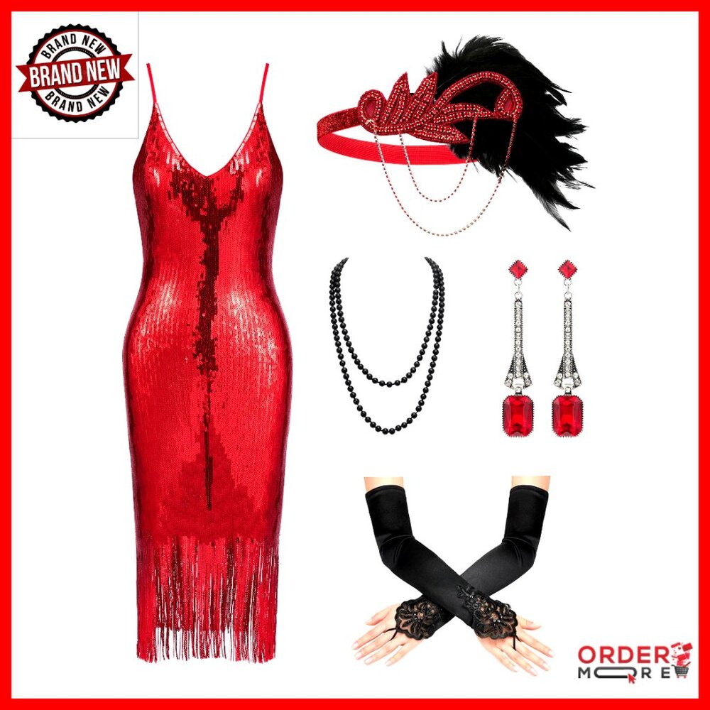 1920s Flapper Dress Costume With Accessories Set, Sequined Fringe, Backless